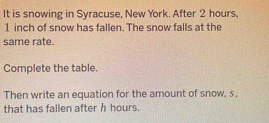 It is snowing in Syracuse, New York. After 2 hours,
1 inch of snow has fallen. The snow falls at the 
same rate. 
Complete the table. 
Then write an equation for the amount of snow, s, 
that has fallen after h hours.