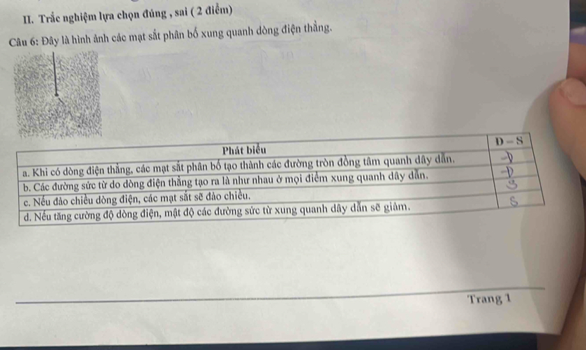 Trắc nghiệm lựa chọn đúng , sai ( 2 điểm) 
Câu 6: Đây là hình ảnh các mạt sắt phân bố xung quanh dòng điện thẳng. 
Trang 1