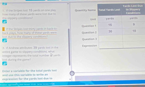 If the Stripes lost 15 yards on one play, 
how many of these yards were lost due to 
the slippery conditions? 
a 
If the Stripes lost thirty yards in back-to- 
back plays, how many of these yards were 
lost due to the slippery conditions? 
a 
3. If Andrew attributes 39 yards lost in the 
entire game to slippery conditions, what 
integer represents the total number of yards
lost during the game? 
a 
Enter a variable for the total yards lost 
and use this variable to write an 
expression for the yards lost due to 
mpriavoa) (Send Version 9.9.30 Server Version: 9:9.32