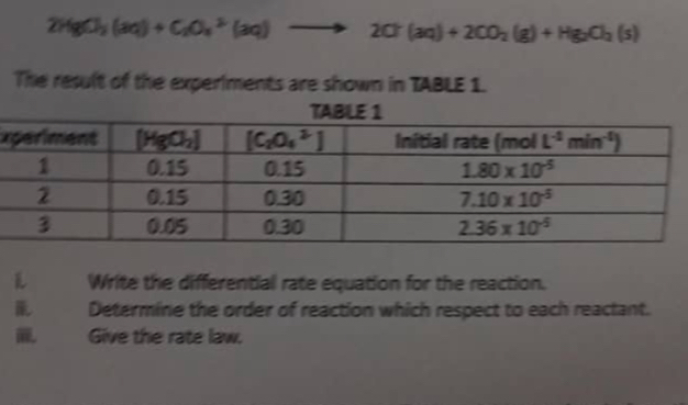 2HgCl_3(aq)+C_2O_4^(3(aq)to 2Cr(aq)+2CO_2)(g)+Hg_2O_2(s)
The result of the experiments are shown in TABLE 1.
x
L Write the differential rate equation for the reaction.
Determine the order of reaction which respect to each reactant.
Give the rate law.