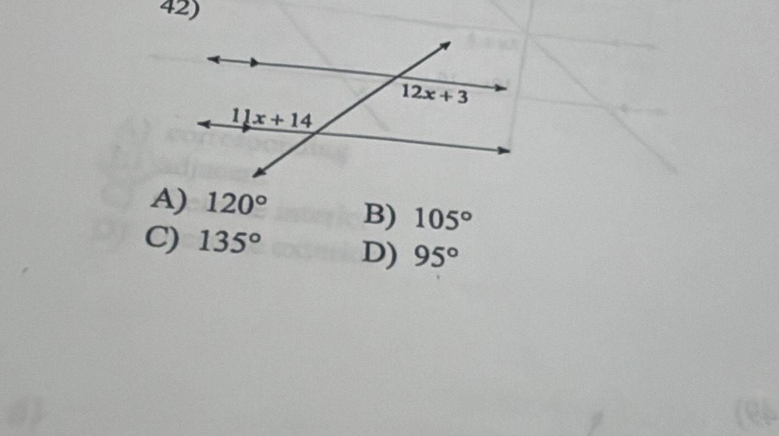 A) 120°
B) 105°
C) 135°
D) 95°