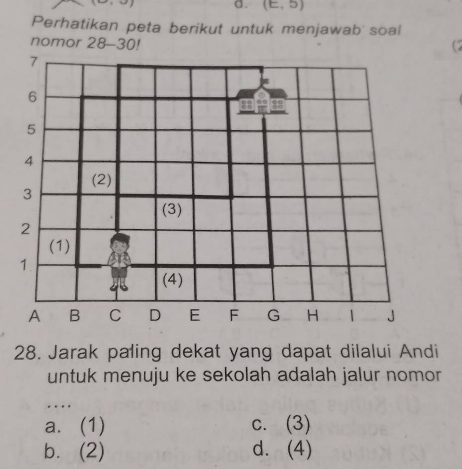 (E,5)
Perhatikan peta berikut untuk menjawab soal
nomor 28 - 3 0!
(2
28. Jarak paling dekat yang dapat dilalui Andi
untuk menuju ke sekolah adalah jalur nomor 
….
a. (1)
C. (3)
b. (2) d. (4)