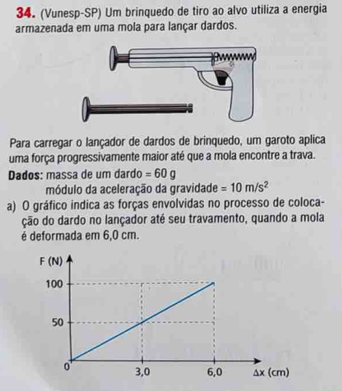 (Vunesp-SP) Um brinquedo de tiro ao alvo utiliza a energia
armazenada em uma mola para lançar dardos.
Para carregar o lançador de dardos de brinquedo, um garoto aplica
uma força progressivamente maior até que a mola encontre a trava.
Dados: massa de um dardo =60g
módulo da aceleração da gravidade =10m/s^2
a) O gráfico indica as forças envolvidas no processo de coloca-
ção do dardo no lançador até seu travamento, quando a mola
é deformada em 6,0 cm.