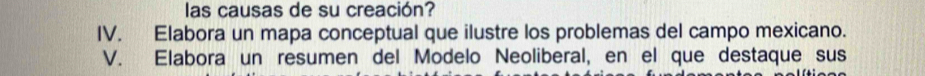 las causas de su creación? 
IV. Elabora un mapa conceptual que ilustre los problemas del campo mexicano. 
V. Elabora un resumen del Modelo Neoliberal, en el que destaque sus