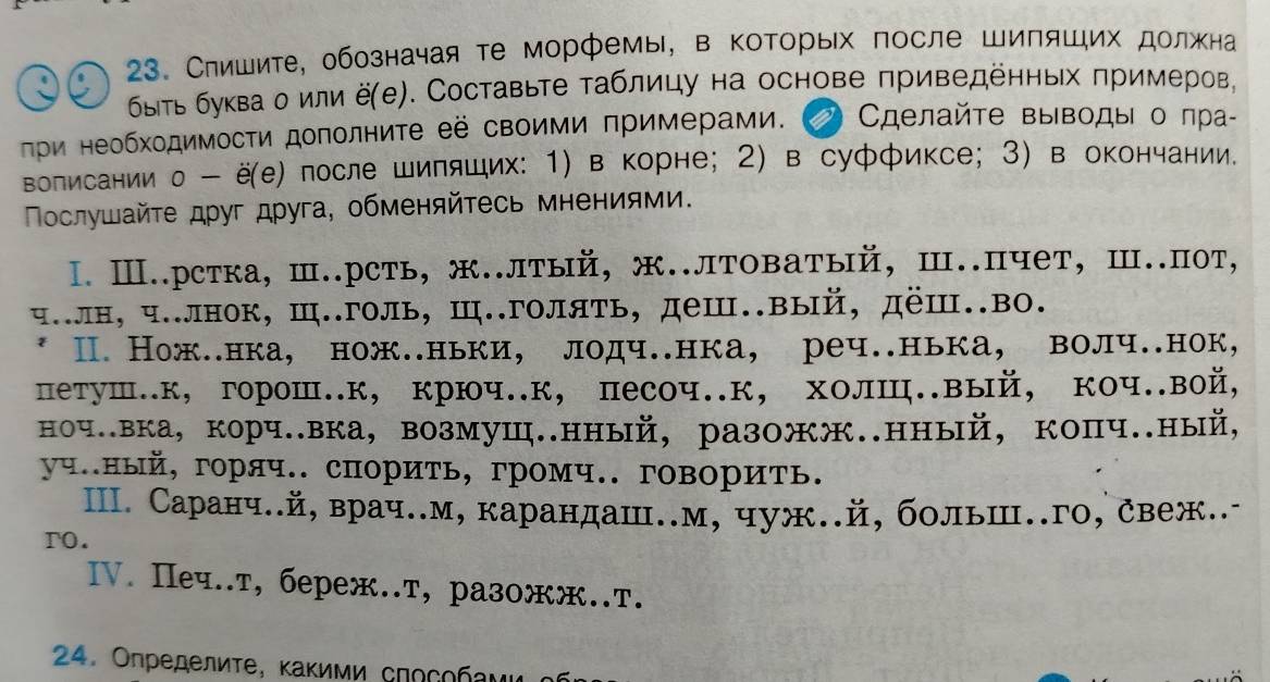 Слишите, обозначая те морфемы, в которых после Шипяших должна
быτь буква о илиё(е). Составьте таблицу на основе πриведенньх πримеров,
πρи необходимосΤи дополниτе её своими примерами. a  Сηелайτе выводы о пра-
вописании о - ёе) после шипяших: 1) в корне; 2) в суффиксе; 3) в окончании.
Πослушайτе друг друга, обменяйτесь мнениями.
Ⅰ. Ⅲ..рстка, Ⅲ..рсть, ж..лтый, ж..лтоватый, Ⅲ.пчет, Ⅲ..пот,
ч..лн, ч.лнок, Ⅲ..голь, Ш..голять, деш..вый, дёШ..во.
* Ⅱ. Нож..нка, нож..ньки, лодч..нка, реч..нька, волч..нок,
петуш..к, горош..к, крюч..к, песоч..к, холш.вый, коч..вой,
ноч..вка, корч..вка, возмуш..нный, разожж..нный, копч..ный,
γप.ный, горяч.. спорить, громч.. говорить.
II. Саранч..й, врач..м, карандаш..м, чуж..й, больш..го, свеж..
ro.
IV. Печ..т, береж..т, pазожж..т.
24. Οпределиτе, κаΚими сπосοбеνι