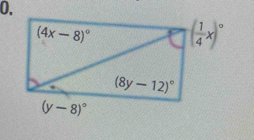 (4x-8)^circ 
( 1/4 x)^circ 
(8y-12)^circ 
(y-8)^circ 