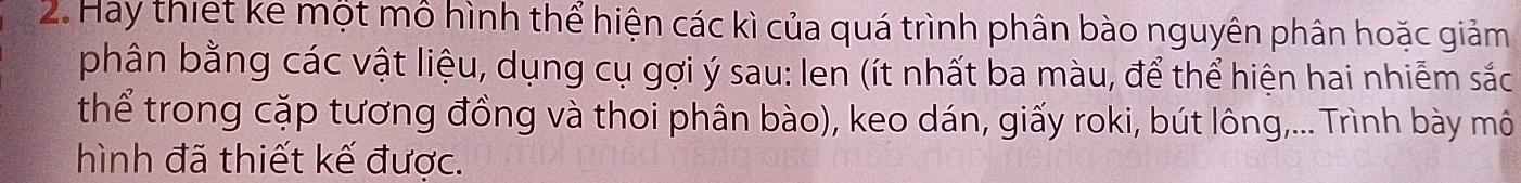 Hay thiết kê một mô hình thể hiện các kì của quá trình phân bào nguyên phân hoặc giảm 
phân bằng các vật liệu, dụng cụ gợi ý sau: len (ít nhất ba màu, để thể hiện hai nhiễm sắc 
thể trong cặp tương đồng và thoi phân bào), keo dán, giấy roki, bút lông,... Trình bày mô 
hình đã thiết kế được.