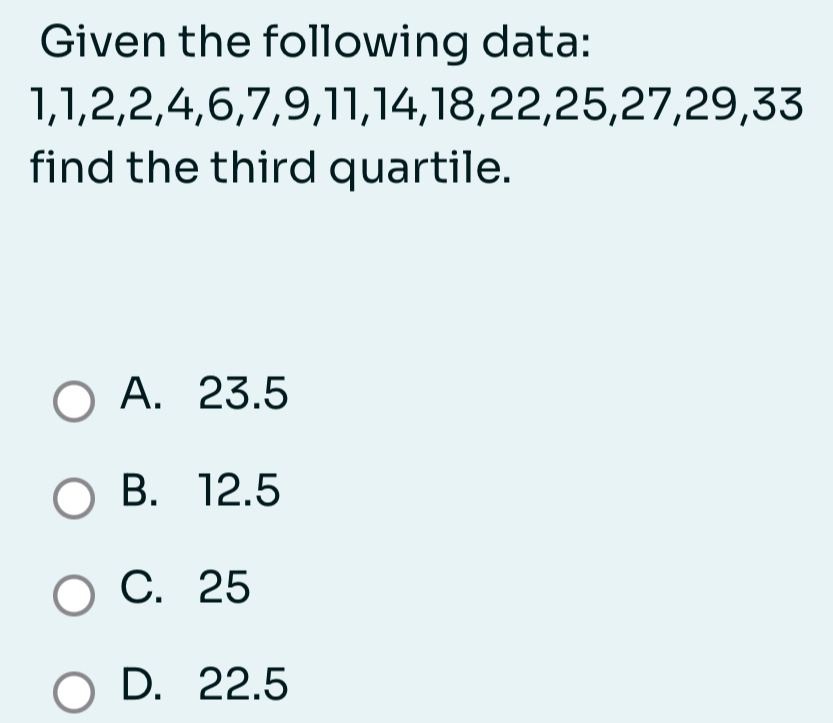 Given the following data:
1, 1, 2, 2, 4, 6, 7, 9, 11, 14, 18, 22, 25, 27, 29, 33
find the third quartile.
A. 23.5
B. 12.5
C. 25
D. 22.5