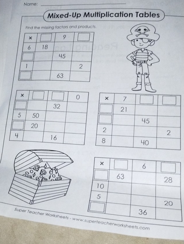 Name: 
_ 
Mixed-Up Multiplication Tables 
Find the missing factors and products. 
× 9
6 18
45
1
2
63
×
0
32
5 50
20
4 16
Super Teacher Worksheets - wwwerworksheets.com