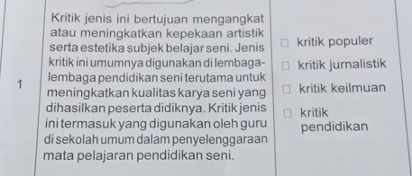 Kritik jenis ini bertujuan mengangkat 
atau meningkatkan kepekaan artistik 
serta estetika subjek belajar seni. Jenis kritik populer 
kritik ini umumnya digunakan di lembaga- 
lembaga pendidikan seni terutama untuk kritik jurnalistik 
1 meningkatkan kualitas karya seni yang kritik keilmuan 
dihasilkan peserta didiknya. Kritik jenis kritik 
ini termasuk yang digunakan oleh guru 
di sekolah umum dalam penyelenggaraan pendidikan 
mata pelajaran pendidikan seni.