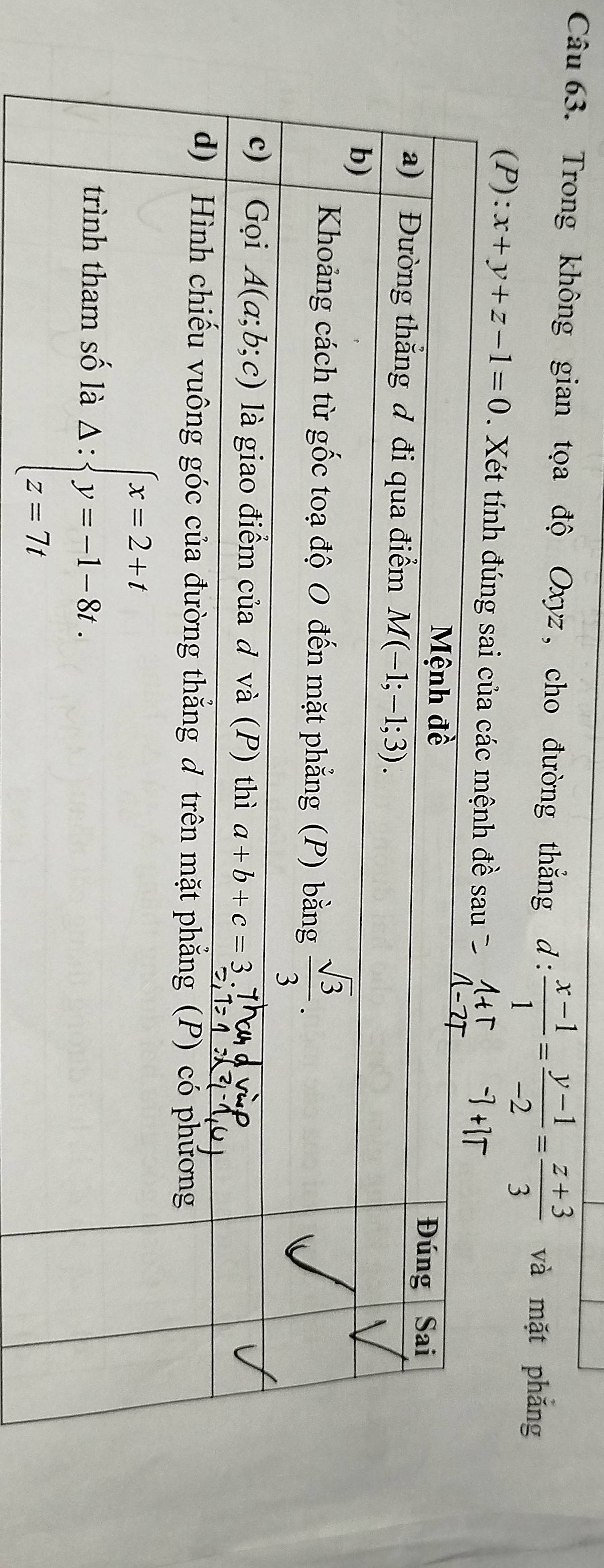 Trong không gian tọa độ Oxyz, cho đường thắng d:  (x-1)/1 = (y-1)/-2 = (z+3)/3  và mặt phắng
(P): x+y+z-1=0. Xét tính