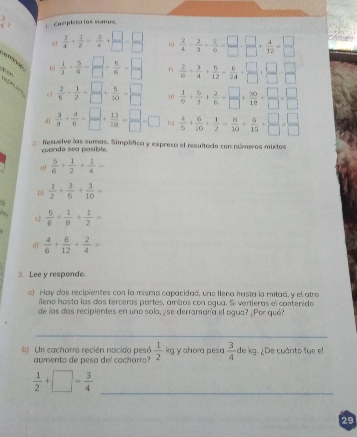  3/4 
: Completa las sumas.
a)  3/4 + 1/2 = 3/4 + □ /□  = □ /□   e)  2/4 + 2/3 + 2/6 = □ /□  + □ /□  + 4/12 = □ /□  
ominad
b)  1/3 + 5/6 = □ /□  + 5/6 = □ /□   f )  2/8 + 3/4 + 5/12 = 6/24 + □ /□  + □ /□  = □ /□  
ben
représent
c)  2/5 + 1/2 = □ /□  + 5/10 = □ /□   g)  1/9 + 5/3 + 2/6 = □ /□  + 30/18 + □ /□  = □ /□  
d)  3/9 + 4/6 = □ /□  + 12/18 = □ /□  =□ h)  4/5 + 6/10 + 1/2 = 8/10 + 6/10 + □ /□  = □ /□  
2. Resuelve las sumas. Simplifica y expresa el resultado con números mixtos
cuando sea posible.
a)  5/6 + 1/2 + 1/4 =
b)  1/2 + 3/5 + 3/10 =
were
c)  5/6 + 1/9 + 1/2 =
d)  4/6 + 6/12 + 2/4 =
3. Lee y responde.
a) Hay dos recipientes con la misma capacidad, uno lleno hasta la mitad, y el otro
lieno hasta las dos terceras partes, ambos con agua. Si vertieras el contenido
de los dos recipientes en uno solo, ¿se derramaría el agua? ¿Por qué?
_
b) Un cachorro recién nacido pesó  1/2  kg y ahora pesa  3/4  de kg. ¿De cuánto fue el
aumento de peso del cachorro?
_
 1/2 +□ = 3/4 
29