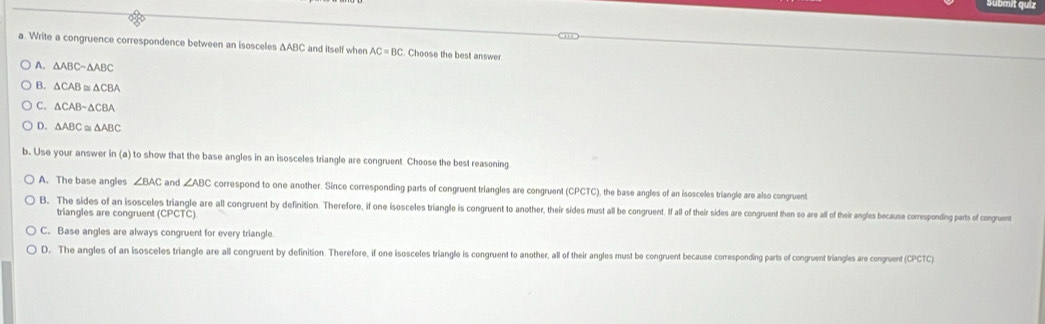 Submít quíz a. Write a congruence correspondence between an isosceles ...