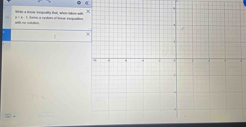 Write a linear inequality that, when taken with 
“ 6 y>x-1 , forms a system of linear inequalities 
with no solution
2
8