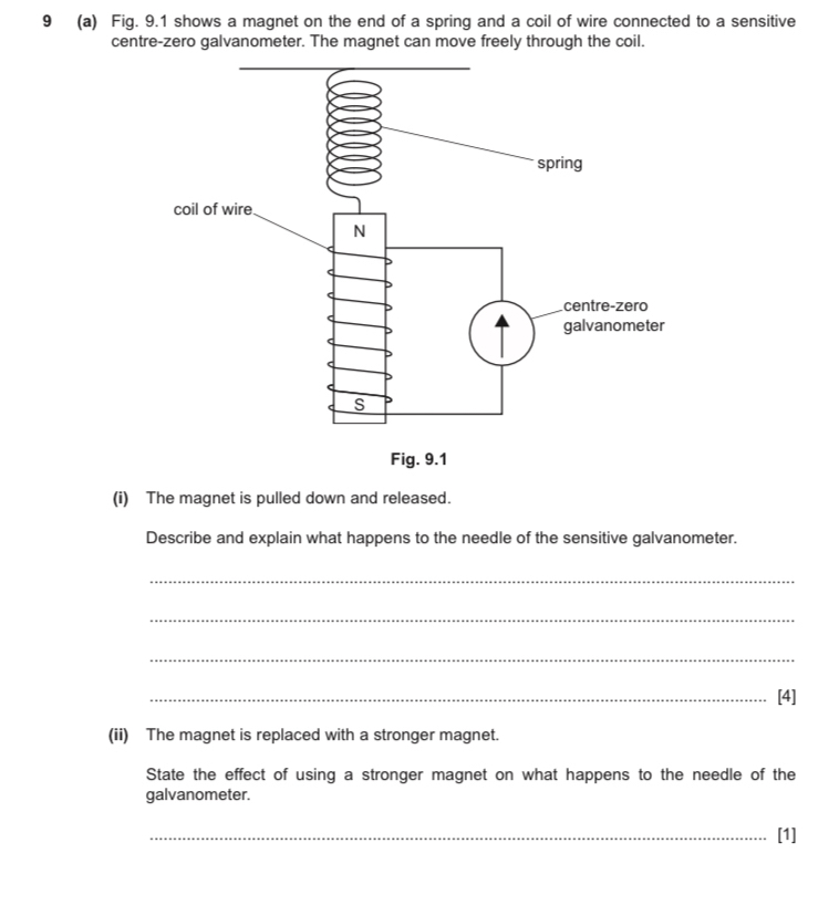 9 (a) Fig. 9.1 shows a magnet on the end of a spring and a coil of wire connected to a sensitive 
centre-zero galvanometer. The magnet can move freely through the coil. 
(i) The magnet is pulled down and released. 
Describe and explain what happens to the needle of the sensitive galvanometer. 
_ 
_ 
_ 
_[4] 
(ii) The magnet is replaced with a stronger magnet. 
State the effect of using a stronger magnet on what happens to the needle of the 
galvanometer. 
_[1]