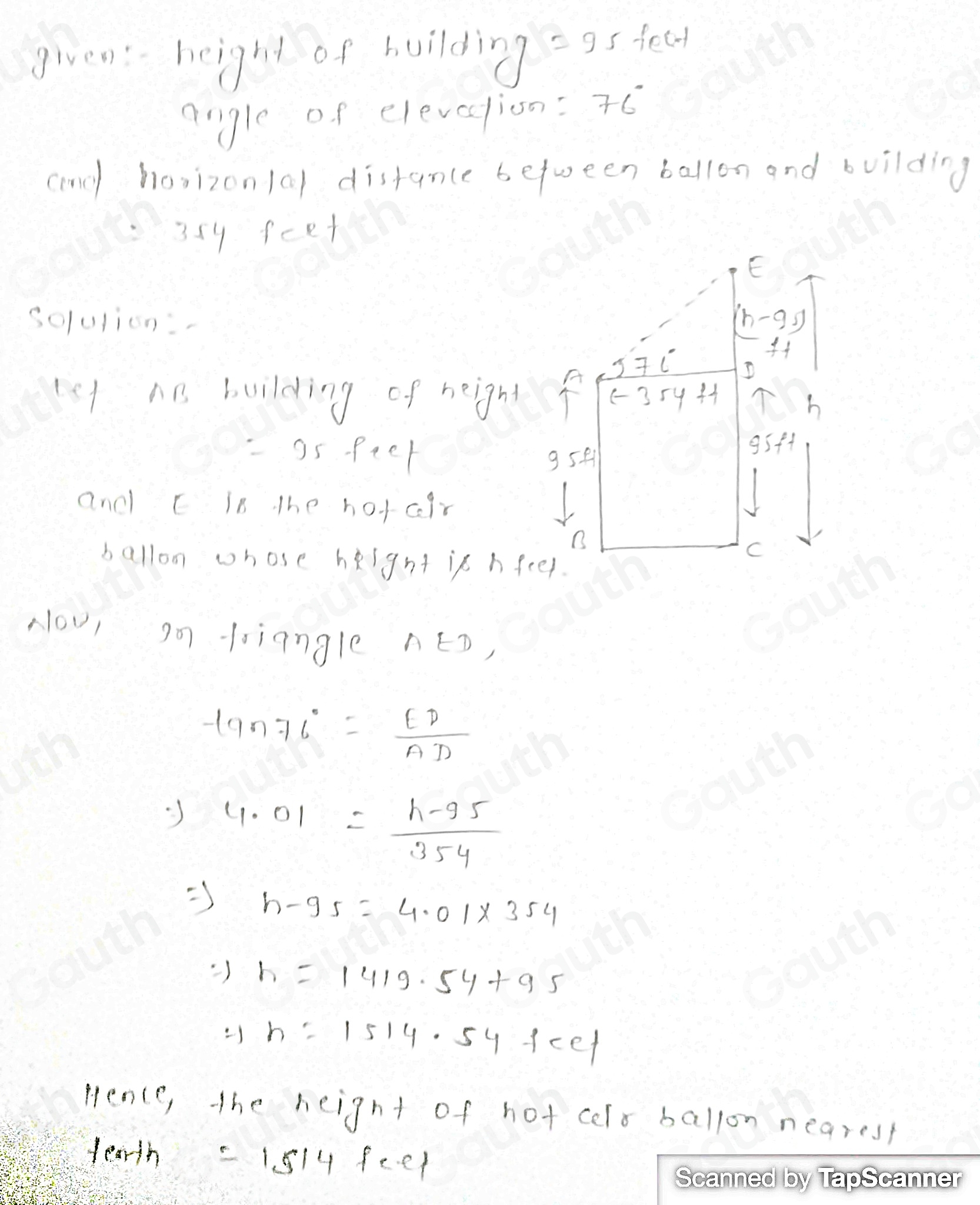 Solved: The angle of elevation from the top of a 95-foot tall building ...