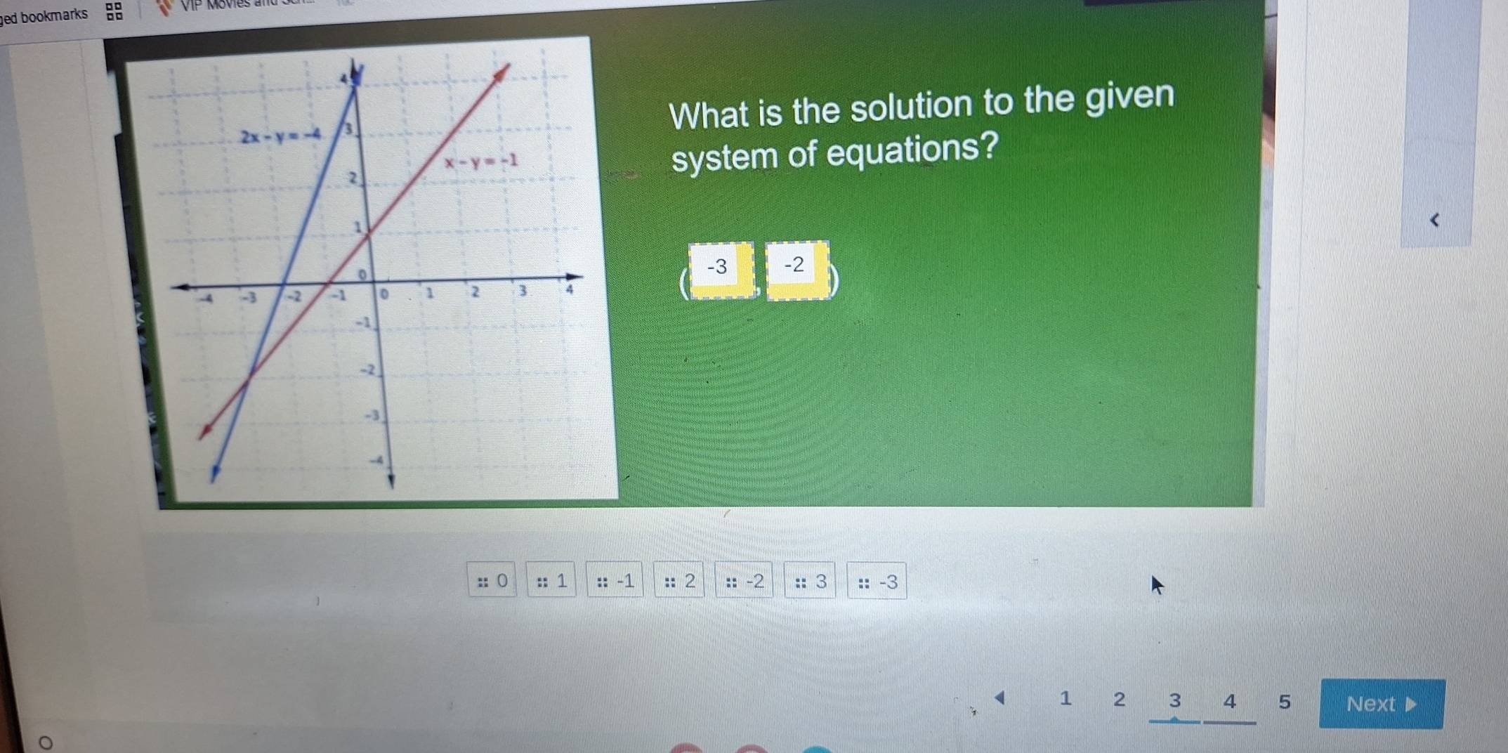 ged bookmarks 
What is the solution to the given
system of equations?
-3 -2
:: :: 1 ::- L :: 2 ::-2 :: 3 :: -3
1 2 3 4 5 Next▶