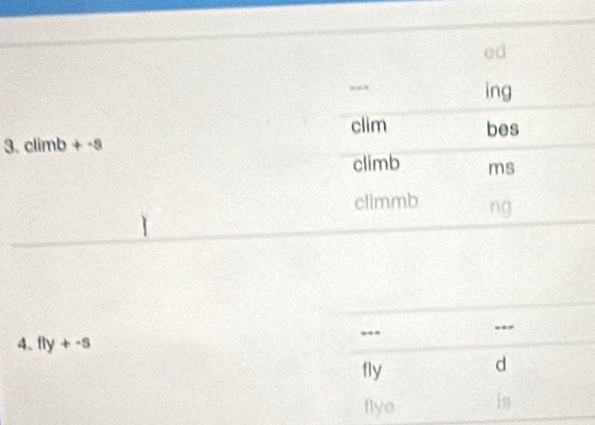 ed 
--- ing 
clim bes 
3. climb+-s
climb ms 
climmb ng 
--- --- 
4. fly+-s
fly 
d 
flye is