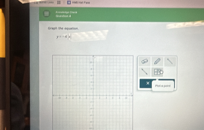 Buffell Links HMS Hall Pass 
Knowiedge Check 
Guestion 4 
Graph the equation.
y=-4|x|
× Plota point 
45