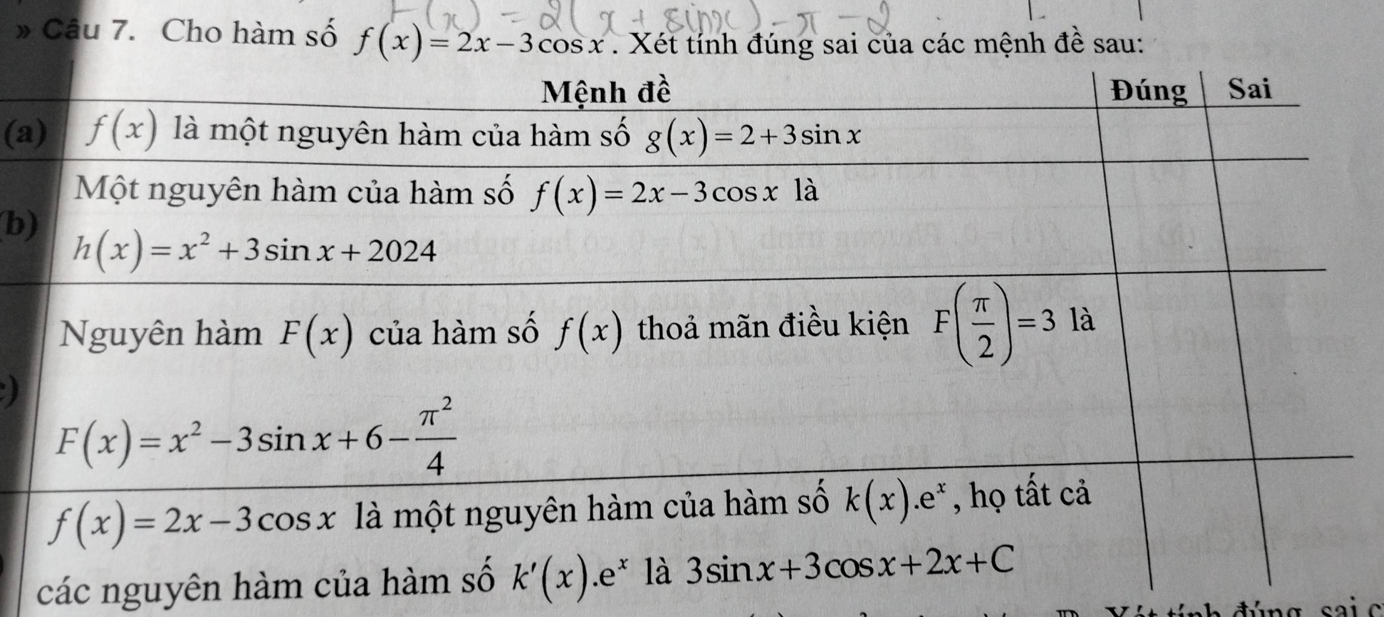 » Câu 7. Cho hàm số f(x)=2x-3cos x. Xét tính đúng sai của các mệnh đề sau:
(a
b
các nguyên hà
n h đúng sa i  c