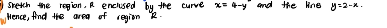 sketch the region, R enclused by the curve x=4-y and the line y=2-x. 
Hence, find the area of region R.