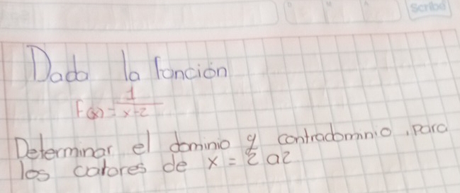 Dad Io fancion
f(x)= 1/x-2 
Determinar el domino q contradomnio, parc 
los carores de x=2a2