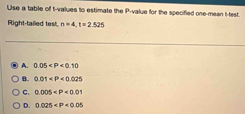 Use a table of t-values to estimate the P -value for the specified one-mean t -test.
Right-tailed test, n=4, t=2.525
A. 0.05
B. 0.01
C. 0.005
D. 0.025