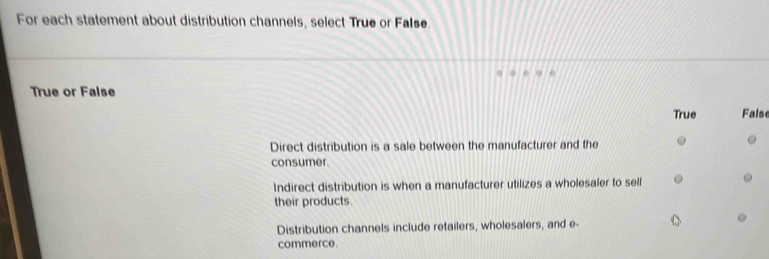 For each statement about distribution channels, select True or False.
True or False False
True
Direct distribution is a sale between the manufacturer and the
consumer.
Indirect distribution is when a manufacturer utilizes a wholesaler to sell
their products.
Distribution channels include retailers, wholesalers, and e-
commerce.