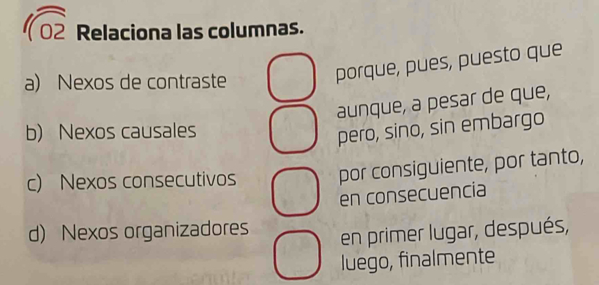 sqrt 02 Relaciona las columnas.
a) Nexos de contraste
porque, pues, puesto que
aunque, a pesar de que,
b) Nexos causales
pero, sino, sin embargo
c) Nexos consecutivos
por consiguiente, por tanto,
en consecuencia
d) Nexos organizadores
en primer lugar, después,
luego, finalmente