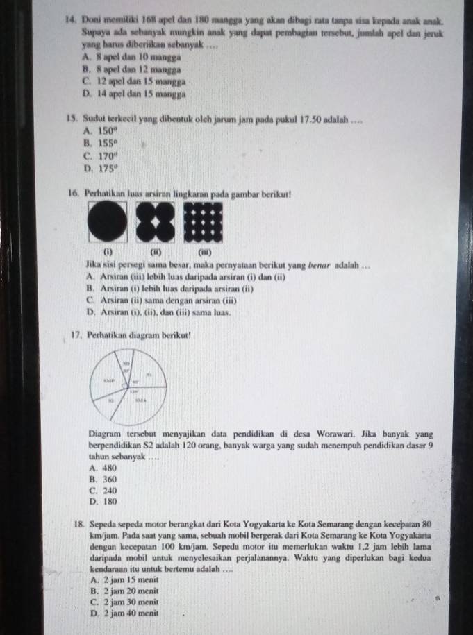 Doni memiliki 168 apel dan 180 mangga yang akan dibagi rata tanpa sisa kepada anak anak.
Supaya ada sehanyak mungkin anak yang dapat pembagian tersebut, jumlah apel dan jeruk
yang harus diberiikan sebanyak …
A. 8 apel dan 10 mangga
B. 8 apel dan 12 mangga
C. 12 apel dan 15 mangga
D. 14 apel dan 15 mangga
15. Sudut terkecil yang dibentuk olch jarum jam pada pukul 17.50 adalah …
A. 150°
B. 155°
C. 170°
D. 175°
16. Perhatikan luas arsiran lingkaran pada gambar berikut!
.
. .
. .
(1) (u) (iii)
Jika sisi persegi sama besar, maka pernyataan berikut yang benar adalah …
A. Arsiran (iii) lebih luas daripada arsiran (i) dan (ii)
B. Arsiran (i) lebih luas daripada arsiran (ii)
C. Arsiran (ii) sama dengan arsiran (iii)
D. Arsiran (i), (ii), dan (iii) sama luas.
17. Perhatikan diagram berikut!
Diagram tersebut menyajikan data pendidikan di desa Worawari. Jika banyak yang
berpendidikan S2 adalah 120 orang, banyak warga yang sudah menempuh pendidikan dasar 9
tahun sebanyak …
A. 480
B. 360
C. 240
D. 180
18. Sepeda sepeda motor berangkat dari Kota Yogyakarta ke Kota Semarang dengan kecepatan 80
km/jam. Pada saat yang sama, sebuah mobil bergerak dari Kota Semarang ke Kota Yogyakarta
dengan kecepatan 100 km/jam. Sepeda motor itu memerlukan waktu 1,2 jam lebih lama
daripada mobil untuk menyelesaikan perjalanannya. Waktu yang diperlukan bagi kedua
kendaraan itu untuk bertemu adalah …
A. 2 jam 15 menit
B. 2 jam 20 menit
C. 2 jam 30 menit
D. 2 jam 40 menit