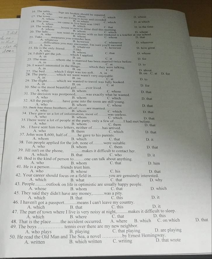 legs are broken should be repaired .
16 The table A. who_ B. whom
which D. whose
17. The town._ A. where
we are living is noisy and crowded .
C. which D. at which
18. The year A. wher
we came to live here was 1997 B. which B. in where C. that D. in the time
9. The worker. A. whose_ B. whom
house is next to mine died this morning
C which
son went on a pienic with us last weekend is a teacher at our school. D. whose
20. The lady A. who_
B. whom C. whose D. that
21. Take. A. whatever
mcasures you consider be s A hawever
22._ .difficulties you may encounter, I'm sure you'll succeed C. whenever D. wherever
A. how
B. whatever I like C. however D. how great
23. He is the only friend A. who _B. whom C. that D. whose
24. I didn't get the job A. in _which I applied. B. on
25. The man_ whom she is married has been married twice before. C at D. for
A. in
26. I wasn't interested in the things B. on_ which they were talking C. at C. at D. to D. about
A. in B on
27. The bed. which I slept was too soft
28. The party _which we went wasn't very enjoyable. A. in B. on C. at D. for
A in B. on C. at
29. The flight which we wanted to travel was fully booked. D. to
A. in
30. She is the most beautiful girl B. on ever lived C. at D. for
A. who B. whom C. whose D. that
31. The decision was postponed B. whom C. which
A. who was exactly what he wanted.
32. All the people. have gone into the room are still young. D. that
A. who B. whom C. whose D. that
33. Jack has three brothers, all of B. whom are married. D. that
A. who
34. They gave us a lot of information, most of. was useless. C. which C. which D. that
A. who B. whom
35.There were a lot of people at the party, only a few of..........I had met before.
A. who B. whom C. them
36. . I have sent him two letters, neither of. has arrived D. that
A. who B. them C. which D. that
37. John won $,600, half of._ ..he gave to his parents
A. whom B. which C. that D. it
38. Ten people applied for the job, none of._ were suitable. C. them D. that
A. who B. whom
39. Jill isn't on the phone, _makes it difficult to contact her. D. it
A. which B. that C. who
40. Bod is the kind of person to_ one can talk about anything.
A. who B. whom C. that D. him
41. He is a person_ friends trust him.
A. who B. whose C. his D. that
42. Your career should focus on a field in._ you are genuinely interested.
A. which B. what C. that D. why
43. People_ .outlook on life is optimistic are usually happy people.
A. whose B. whom C. that D. which
45. They said they didn't have any money_ was a pity.
A. which B. that C. this D. it
46. I haven't got a passport. .........means I can't leave my country.
A. which B. that C. this D. it
47. The part of town where I live is very noisy at night,..........makes it difficult to sleep.
A. which B. where C. that D. this
48. That is the place........the accident occurred. A. where B. which C. on which D. that
49. The boys _tennis over there are my new neighbor.
A. who plays B. playing C. that playing D. are playing
50. He read the Old Man and The Sea, a novel _.by Ernest Hemingway.
A. written B. which written C. writing D. that wrote