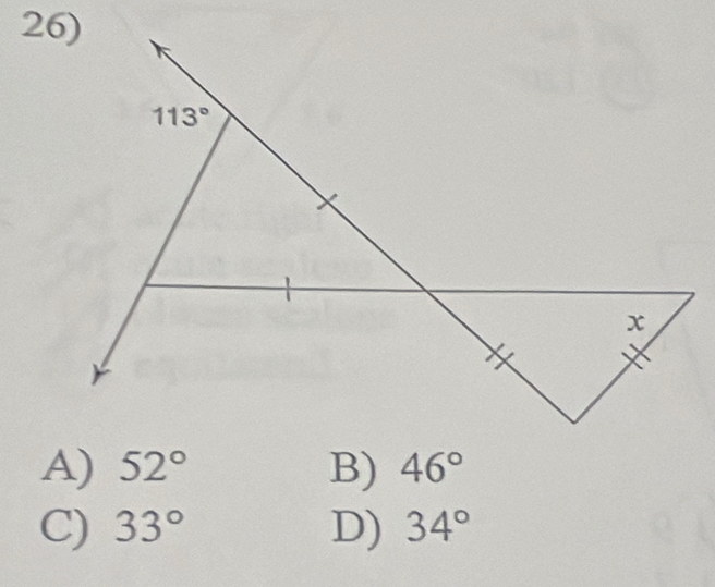 A) 52° B) 46°
C) 33° D) 34°