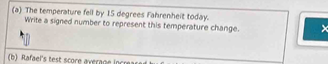 The temperature fell by 15 degrees Fahrenheit today. 
Write a signed number to represent this temperature change. 
× 
(b) Rafael's test score average increar