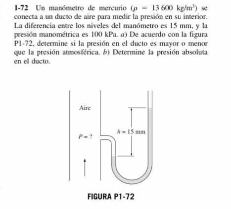 1-72 Un manómetro de mercurio (rho =13600kg/m^3) se
conecta a un ducto de aire para medir la presión en su interior.
La diferencia entre los niveles del manómetro es 15 mm, y la
presión manométrica es 100 kPa. a) De acuerdo con la figura
P1-72, determine si la presión en el ducto es mayor o menor
que la presión atmosférica. b) Determine la presión absoluta
en el ducto.