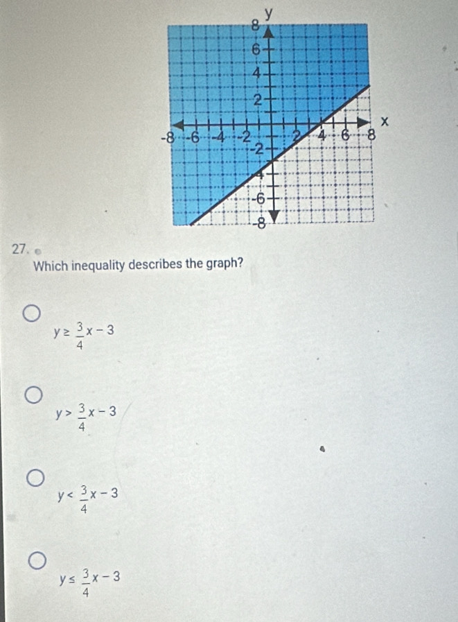 y
27.
Which inequality describes the graph?
y≥  3/4 x-3
y> 3/4 x-3
y
y≤  3/4 x-3