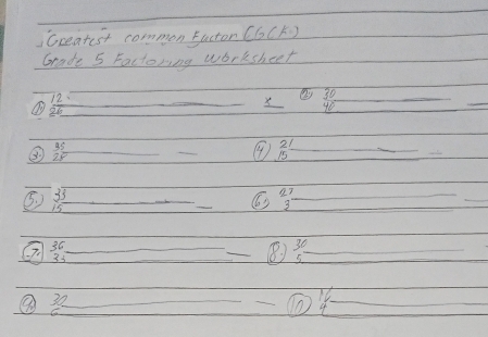 Gceatest common Eacton (GCK ) 
Grade 5 Factoring worksheet 
12 
① 
_x ① 30
_
40
_ 
③  35/28 
_ 
_ 
④  21/15 
_ 
_ 
_ 33
beginarrayr 27 3 hline endarray
_ beginarrayr 36 34 hline endarray
_ 
_⑧ beginarrayr 30 5- hline endarray _ 
_ 
_ 
_ 
_ 
①④_