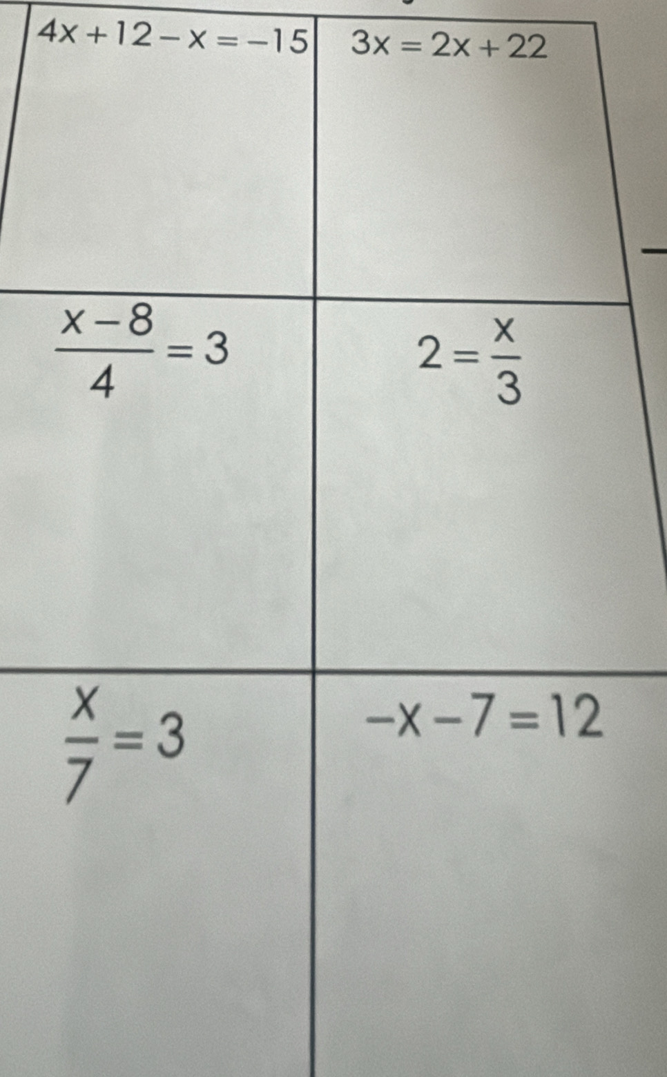 4x+12-x=-15 3x=2x+22