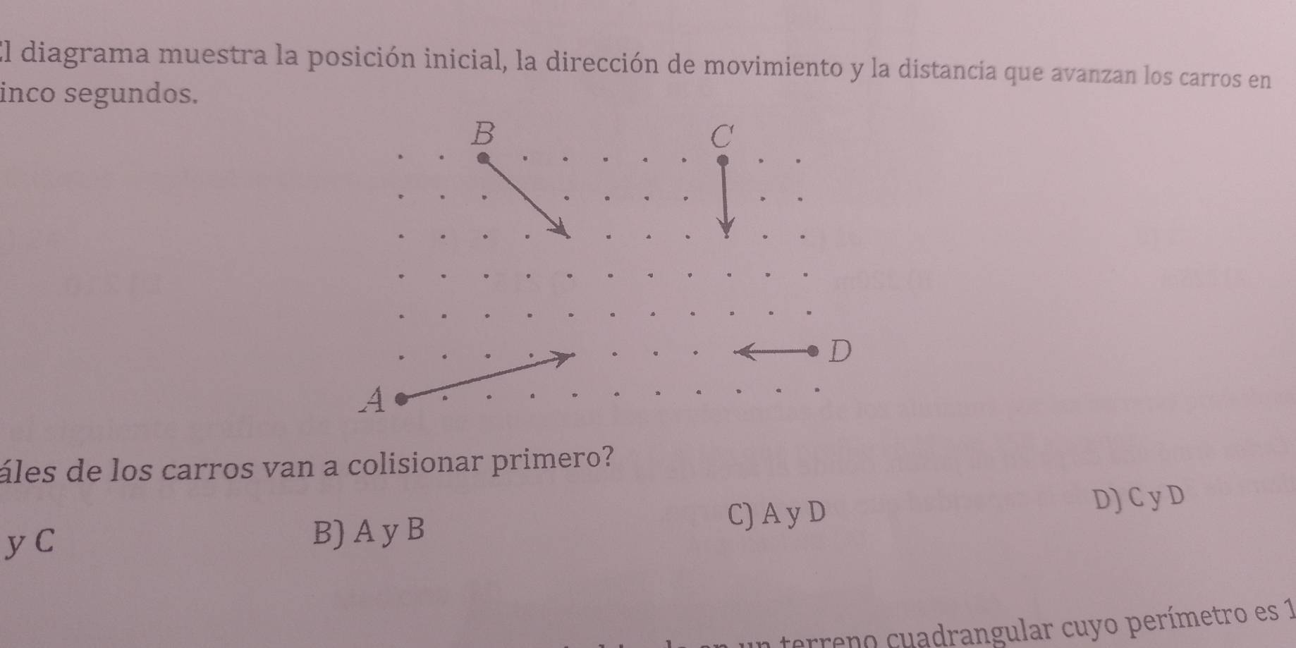 El diagrama muestra la posición inicial, la dirección de movimiento y la distancia que avanzan los carros en
inco segundos.
B
C
D
A
áles de los carros van a colisionar primero?
C) A y D
yC
B) A y B D) C y D
terreno cuadrangular cuyo perímetro es 1