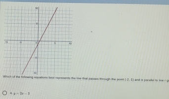 Which of the following equations best represents the line that passes through the point (-2,-1) and is parallel to line r g
A y=2x-3