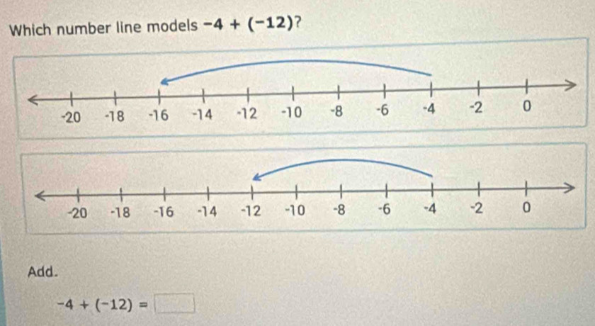 Which number line models -4+(-12) ?
Add.
-4+(-12)=□