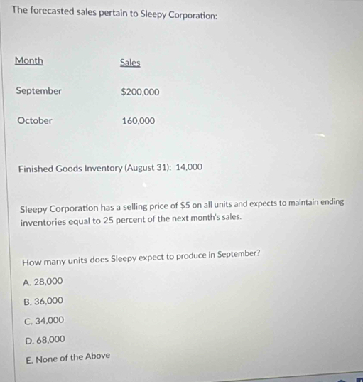 The forecasted sales pertain to Sleepy Corporation:
Month Sales
September $200,000
October 160,000
Finished Goods Inventory (August 31): 14,000
Sleepy Corporation has a selling price of $5 on all units and expects to maintain ending
inventories equal to 25 percent of the next month's sales.
How many units does Sleepy expect to produce in September?
A. 28,000
B. 36,000
C. 34,000
D. 68,000
E. None of the Above