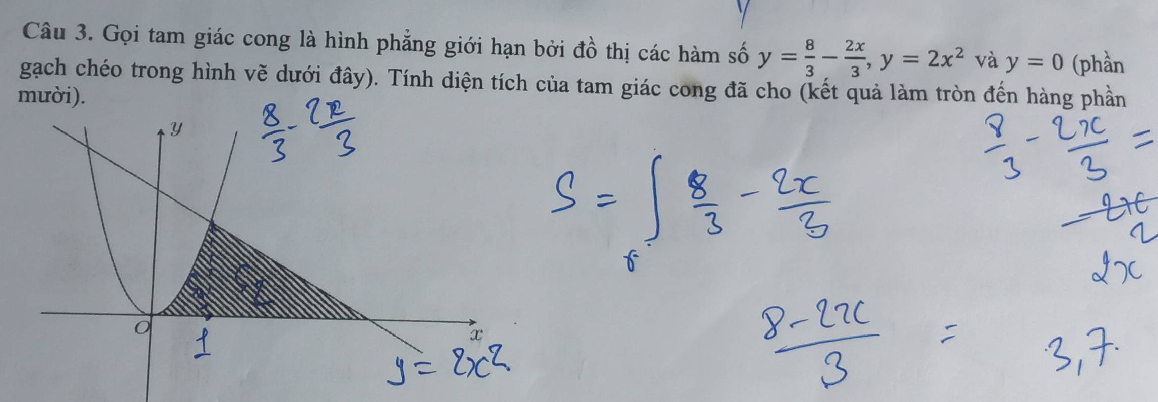 Gọi tam giác cong là hình phẳng giới hạn bởi đồ thị các hàm số y= 8/3 - 2x/3 , y=2x^2 và y=0 (phần 
gạch chéo trong hình vẽ dưới đây). Tính diện tích của tam giác cong đã cho (kết quả làm tròn đến hàng phần 
mười).