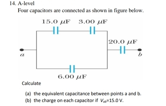 A-level 
Four capacitors are connected as shown in figure below. 
(a) the equivalent capacitance between points a and b. 
(b) the charge on each capacitor if V_ab=15.0V.