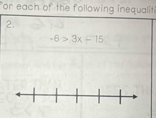 for each of the following inequaliti 
2.
-6>3x-15