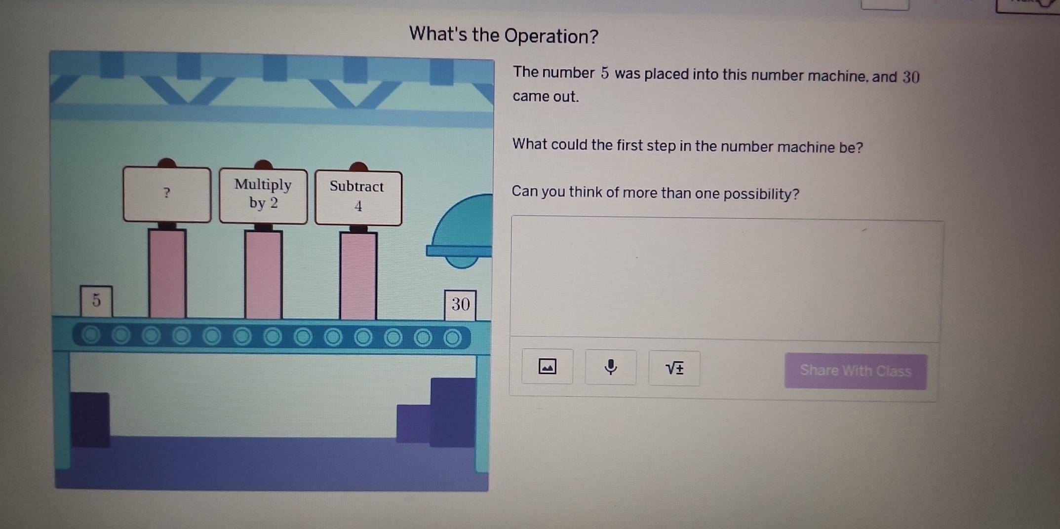 What's the Operation? 
The number 5 was placed into this number machine, and 30
came out. 
What could the first step in the number machine be? 
Can you think of more than one possibility?
sqrt(± ) Share With Class