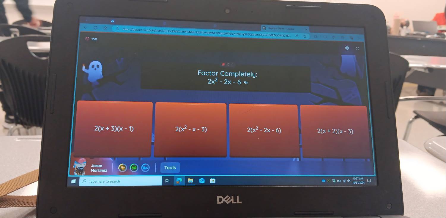 150
Factor Completely:
2x^2-2x-6=
2(x+3)(x-1)
2(x^2-x-3)
2(x^2-2x-6)
2(x+2)(x-3)
Josue
Martinez Tools
O Type here to search