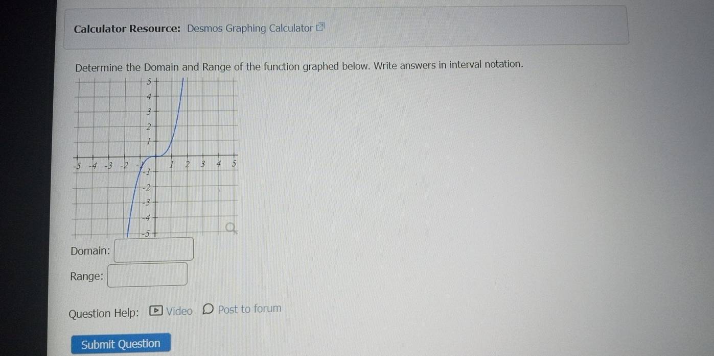 Calculator Resource: Desmos Graphing Calculator overline □^(□)
Determine the Domain and Range of the function graphed below. Write answers in interval notation. 
Domain: □
Range: □
Question Help: Video Post to forum 
Submit Question