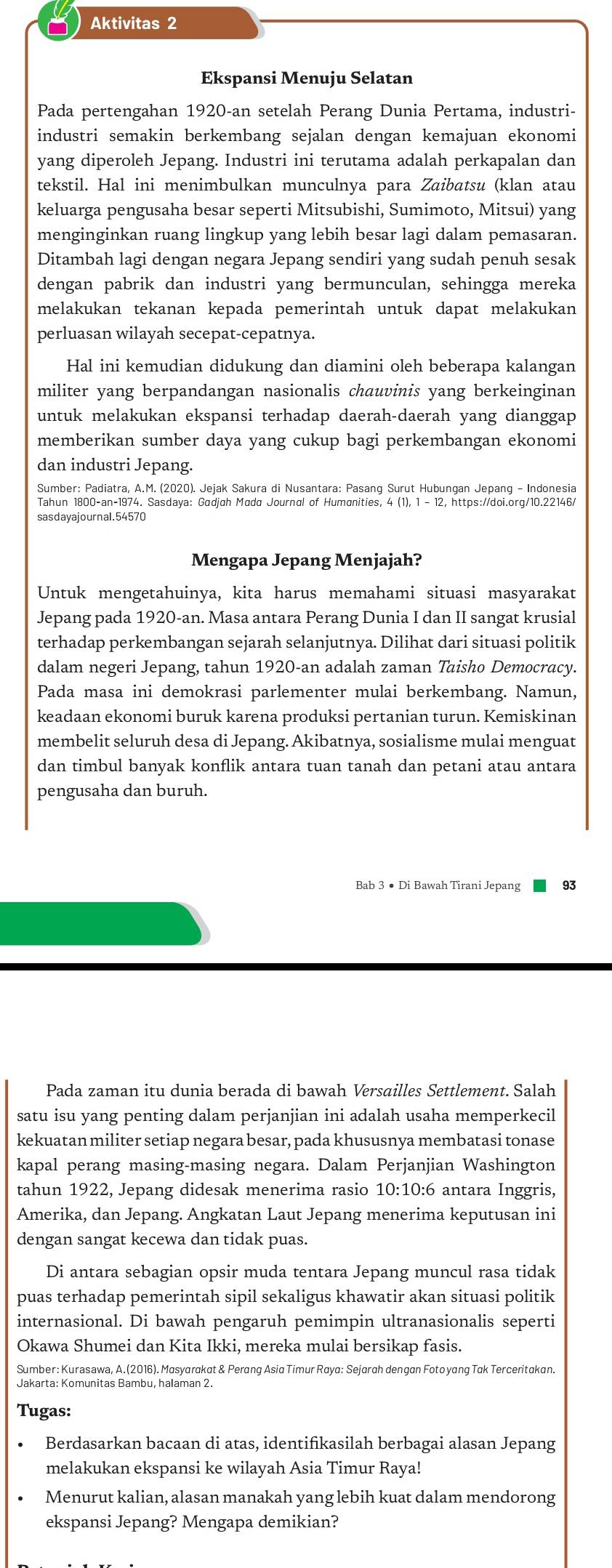 Aktivitas 2
Ekspansi Menuju Selatan
Pada pertengahan 1920-an setelah Perang Dunia Pertama, industri-
industri semakin berkembang sejalan dengan kemajuan ekonomi
yang diperoleh Jepang. Industri ini terutama adalah perkapalan dan
tekstil. Hal ini menimbulkan munculnya para Zaibatsu (klan atau
keluarga pengusaha besar seperti Mitsubishi, Sumimoto, Mitsui) yang
menginginkan ruang lingkup yang lebih besar lagi dalam pemasaran.
Ditambah lagi dengan negara Jepang sendiri yang sudah penuh sesak
dengan pabrik dan industri yang bermunculan, sehingga mereka
melakukan tekanan kepada pemerintah untuk dapat melakukan
perluasan wilayah secepat-cepatnya.
Hal ini kemudian didukung dan diamini oleh beberapa kalangan
militer yang berpandangan nasionalis chauvinis yang berkeinginan
untuk melakukan ekspansi terhadap daerah-daerah yang dianggap
memberikan sumber daya yang cukup bagi perkembangan ekonomi
dan industri Jepang.
Sumber: Padiatra, A.M. (2020). Jejak Sakura di Nusantara: Pasang Surut Hubungan Jepang - Indonesia
Tahun 1800-an-1974. Sasdaya: Gadjah Mada Journal of Humanities,
sasdayajournal.54570
Mengapa Jepang Menjajah?
Untuk mengetahuinya, kita harus memahami situasi masyarakat
Jepang pada 1920-an. Masa antara Perang Dunia I dan II sangat krusial
terhadap perkembangan sejarah selanjutnya. Dilihat dari situasi politik
dalam negeri Jepang, tahun 1920-an adalah zaman Taisho Democracy.
Pada masa ini demokrasi parlementer mulai berkembang. Namun,
keadaan ekonomi buruk karena produksi pertanian turun. Kemiskinan
membelit seluruh desa di Jepang. Akibatnya, sosialisme mulai menguat
dan timbul banyak konflik antara tuan tanah dan petani atau antara
pengusaha dan buruh.
Bab 3 ● Di Bawah Tirani Jepang 93
Pada zaman itu dunia berada di bawah Versailles Settlement. Salah
satu isu yang penting dalam perjanjian ini adalah usaha memperkecil
kekuatan militer setiap negara besar, pada khususnya membatasi tonase
kapal perang masing-masing negara. Dalam Perjanjian Washington
tahun 1922, Jepang didesak menerima rasio 10:10:6 antara Inggris,
Amerika, dan Jepang. Angkatan Laut Jepang menerima keputusan ini
dengan sangat kecewa dan tidak puas.
Di antara sebagian opsir muda tentara Jepang muncul rasa tidak
puas terhadap pemerintah sipil sekaligus khawatir akan situasi politik
internasional. Di bawah pengaruh pemimpin ultranasionalis seperti
Okawa Shumei dan Kita Ikki, mereka mulai bersikap fasis.
Sumber: Kurasawa, A.(2016). Masyarakat & Perang Asia Timur Raya: Sejarah dengan Foto yang Tak Terceritakan.
Tugas:
Berdasarkan bacaan di atas, identifikasilah berbagai alasan Jepang
melakukan ekspansi ke wilayah Asia Timur Raya!
Menurut kalian, alasan manakah yang lebih kuat dalam mendorong
ekspansi Jepang? Mengapa demikian?