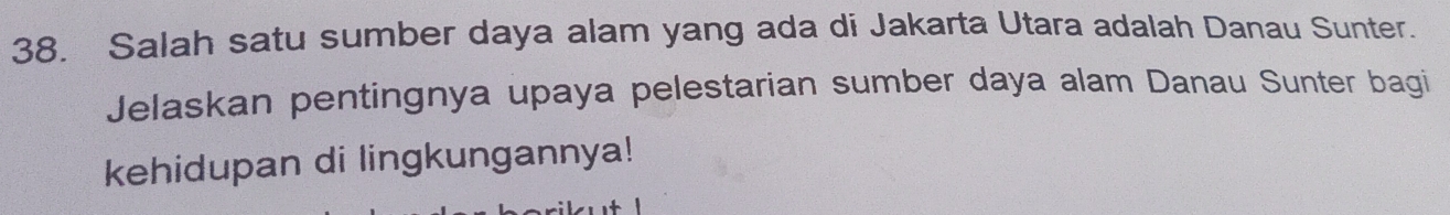 Salah satu sumber daya alam yang ada di Jakarta Utara adalah Danau Sunter. 
Jelaskan pentingnya upaya pelestarian sumber daya alam Danau Sunter bagi 
kehidupan di lingkungannya!