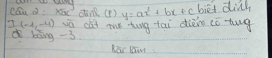 ca a Kai din (P ) y=ax^2+bx+c biet ding
I(-4,-4) vā cat tu tung tau dièm co ting 
dobang -3
Bar lam: